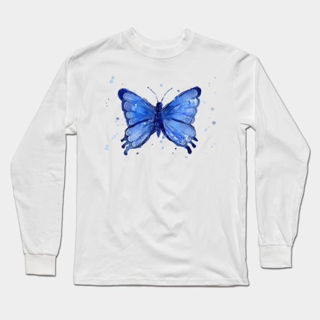 Watercolor Blue Butterfly Long Sleeve T-Shirt by Olechka